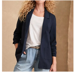 Garnet Hill NWT Wool Blend Ponte Stretch Slim Lapel Blazer Navy Women's 16